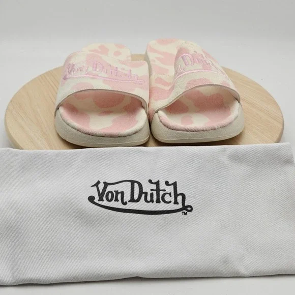 Von Dutch Slide Sandals Mens Size 12 Pink Cow Print Logo Slip On Shoes MSH5035 - Picture 3 of 9